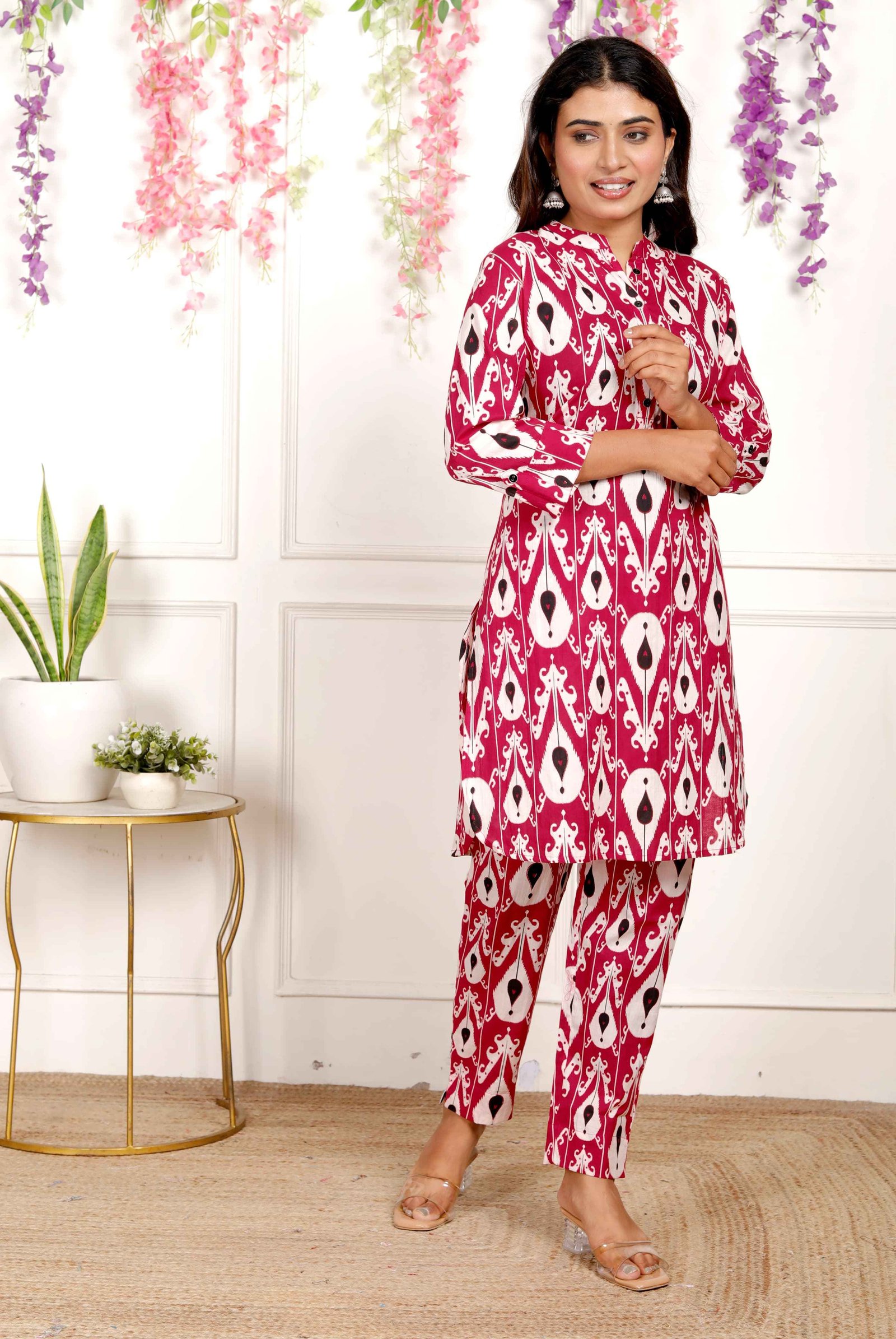 “Pink Ikat Printed Cotton Kurta?Pant Coord Set”